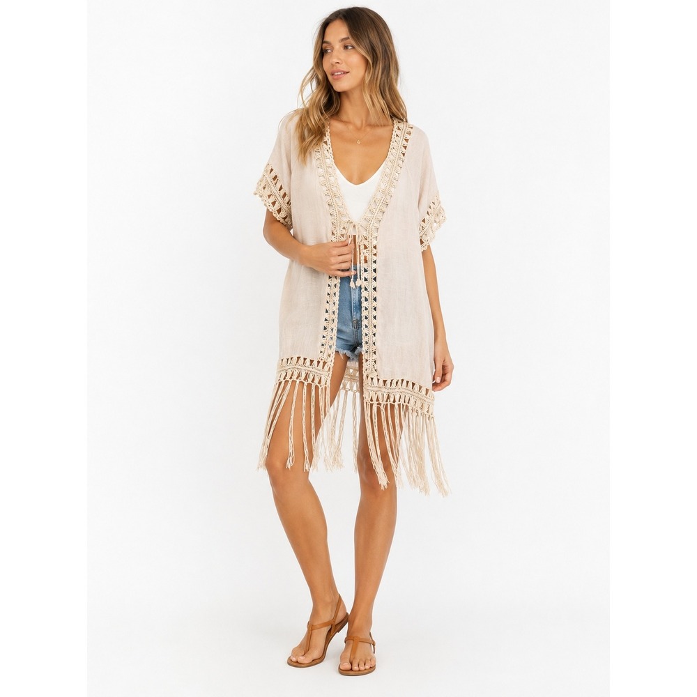 Forgotten Grace Beige Crochet Lace Fringe Boho Kimono Cotton Blend Cardigan L